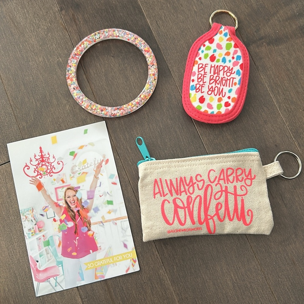 ALL SHE WROTE NOTES Confetti Happiness Bundle Hand Sanitizer Pouch Wrist Keyring